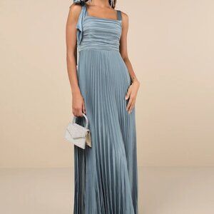 Lulus Gorgeous Purpose Slate Satin Pleated Sleeveless Bow Maxi Dress - L